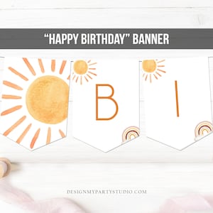 K&ouml;nnte beinhalten: Ein druckbarer "Happy Birthday"-Banner im Boho-Stil. Der Banner zeigt eine Sonne, einen Regenbogen und den Buchstaben "B" in Orange.