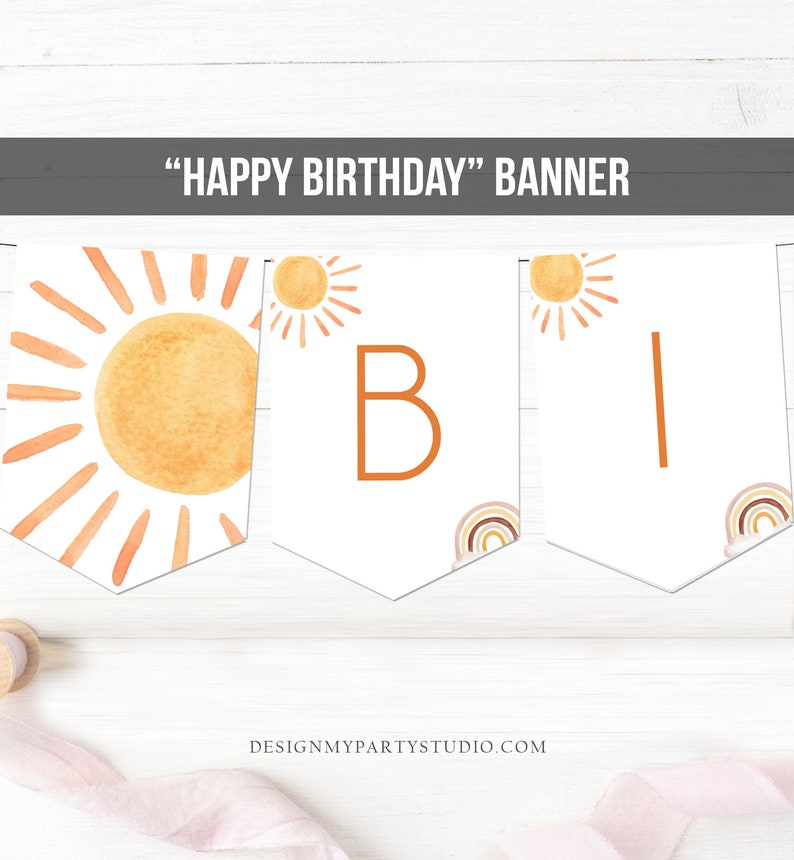 K&ouml;nnte beinhalten: Ein druckbarer "Happy Birthday"-Banner im Boho-Stil. Der Banner zeigt eine Sonne, einen Regenbogen und den Buchstaben "B" in Orange.