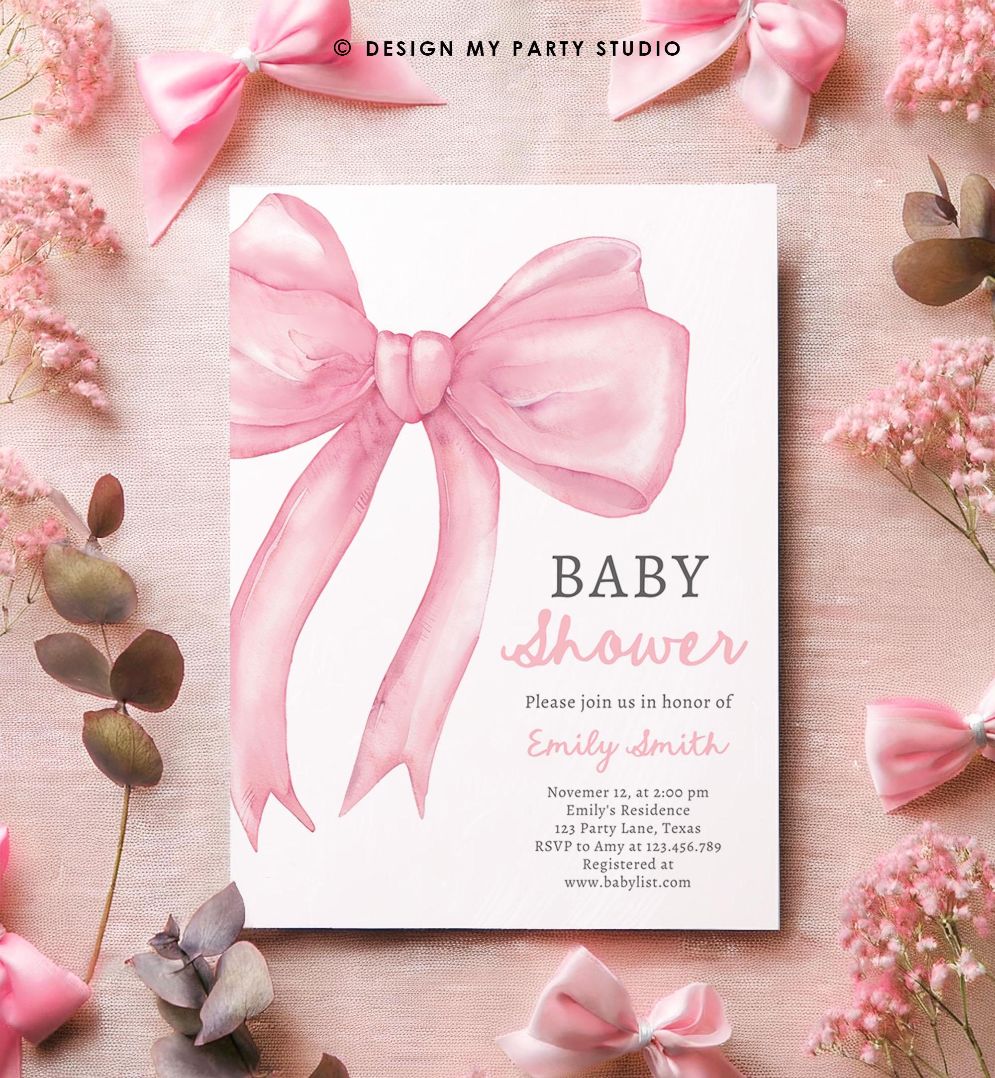Editable Blush Pink Bow Baby Shower Invitation Girl Pink Coquette Baby ...