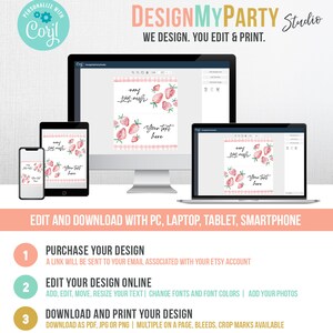 May include: A digital mockup of a printable design for a strawberry-themed party. The design features a pink and white gingham pattern with strawberries and the text "my first mash". The design is shown on a computer screen, a laptop, and a smartphone.