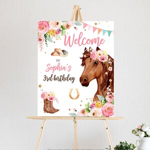 Redigerbar välkomstskylt för hästfödelsedag, välkomstskylt för ponnyfödelsedag, cowgirlfest, blommig flicka, hästfest, nedladdningsmall Corjl UTSKRIVBAR 0408 bild 2