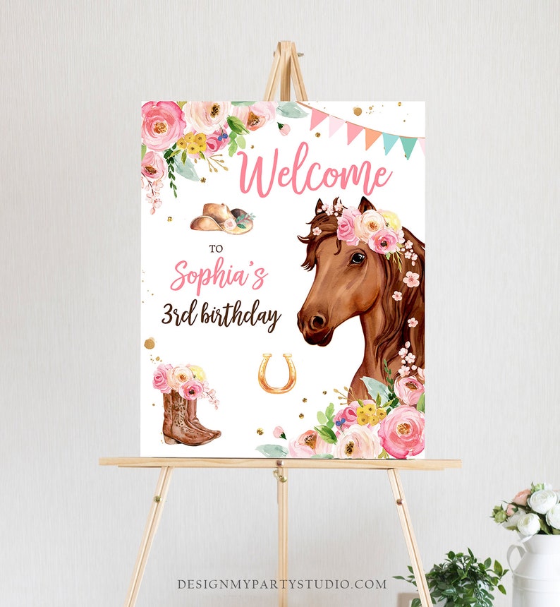 Redigerbar välkomstskylt för hästfödelsedag, välkomstskylt för ponnyfödelsedag, cowgirlfest, blommig flicka, hästfest, nedladdningsmall Corjl UTSKRIVBAR 0408 bild 2