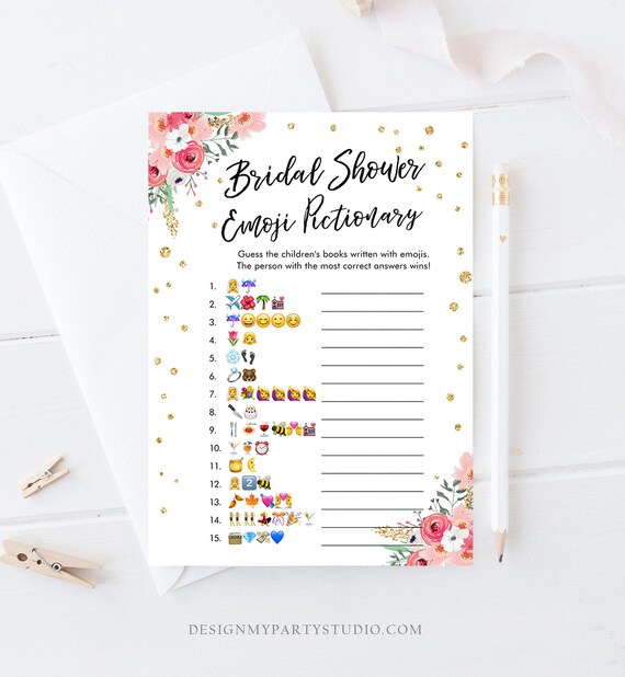 Editable Emoji Pictionary Bridal Shower Game Gold Pink Floral Emoticons ...