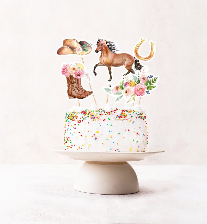 Printable Horse Cake Topper Horse Centerpieces Saddle Up Watercolor Cowgirl Party Girl Pony Birthday Decoration Floral Download Digital 0408 image 1