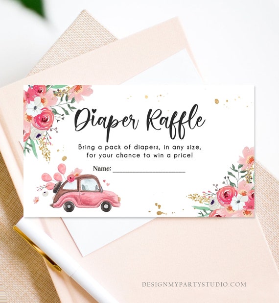 Editable Drive By Diaper Raffle Ticket Baby Shower Pink Floral Girl