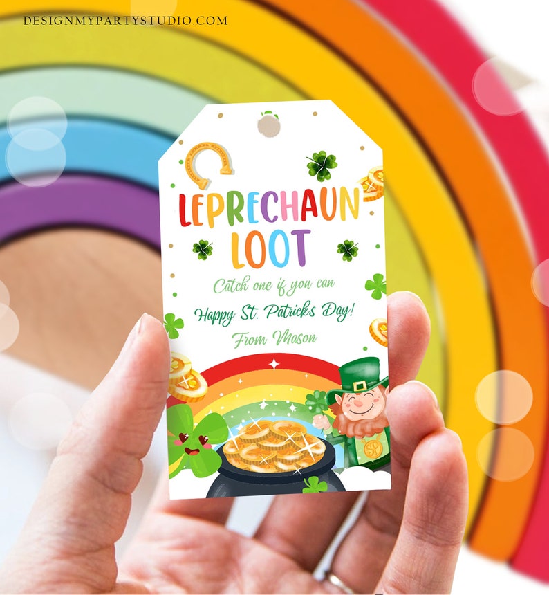 Bearbeitbarer St. Patrick's Day Tag Kobold Beute Tag Glück Lehrer Schule Kinder Klassenzimmer Regenbogen Gold Shamrock Digitale Vorlage Corjl 0451 Bild 1