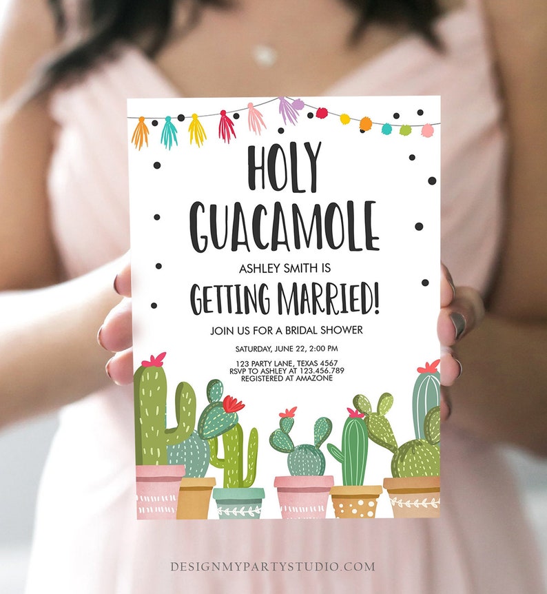 Editable Holy Guacamole Bridal Shower Invitation Fiesta Couples Shower Cactus Succulent Mexican Download Corjl Template Printable 0254 image 1