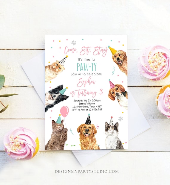 Editable Cats and Dogs Birthday Invitation Cat Dog Birthday Party Invite Girl Kitten Puppy Pawty Download Printable Template Corjl 0384 Il_570xn