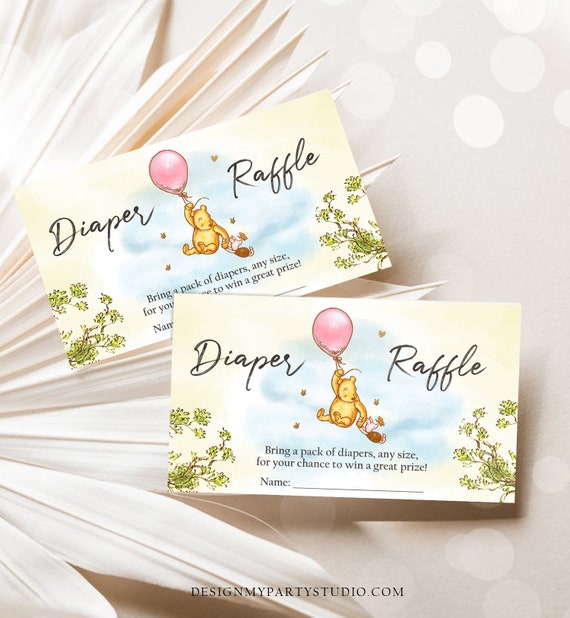 Editable Diaper Raffle Ticket Winnie The Pooh Diaper Game Card Classic 
