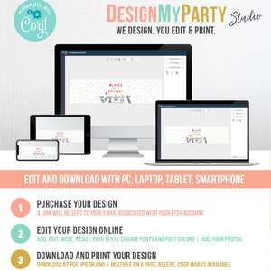 May include: A computer screen displaying a colorful banner with the text "Olivia's First Birthday!" and confetti. The banner is being edited using a design software program. The text "DESIGNMYPARTY Studio" is displayed at the top of the image. The text "WE DESIGN. YOU EDIT & PRINT." is displayed below the text "DESIGNMYPARTY Studio".