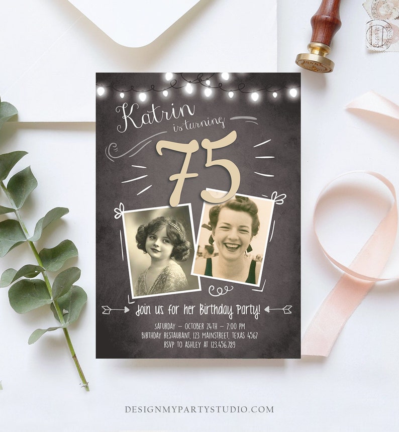 Editable 75th Birthday Invitation ANY AGE Chalkboard Rustic image 1
