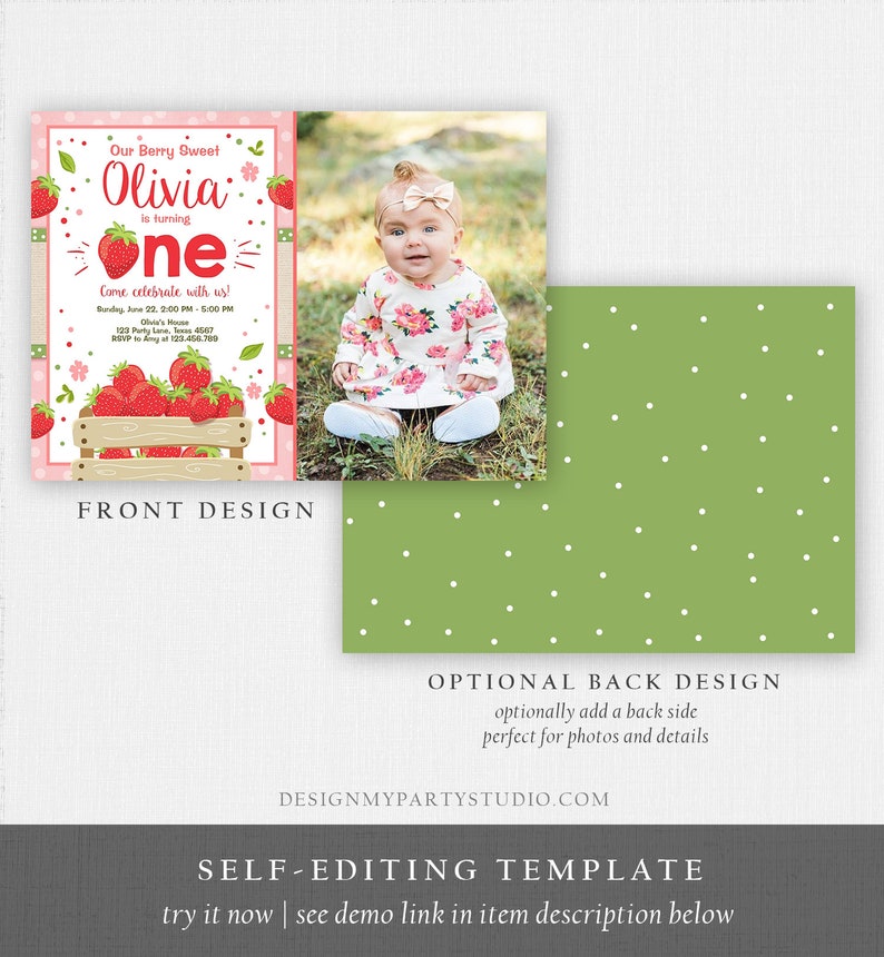 Editable Strawberry Birthday Invitation Girl First Birthday Berry Sweet Pink Download Printable Invitation Template Digital Corjl 0091 image 4