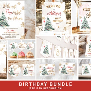 Winter ONEderland Birthday Bundle Christmas Neutral Red Gold 1st First Birthday Tree Snowflakes Watercolor Printable Evite Template 0363