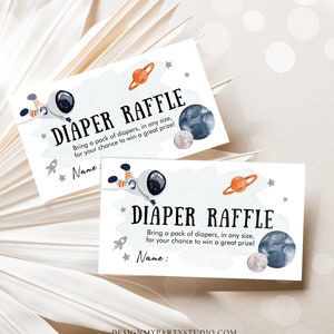Plantilla digital editable para rifa de pañales del espacio exterior, para baby shower de astronauta, planetas naranjas, galaxia, registro, juego de cartas, imprimible 0366