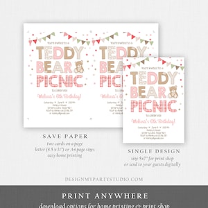 May include: Printable invitation for a Teddy Bear Picnic party. The invitation features a pink and brown teddy bear with a pink and white gingham background. The text on the invitation reads "You're invited to a Teddy Bear Picnic: to celebrate Melissa's 6th Birthday!"