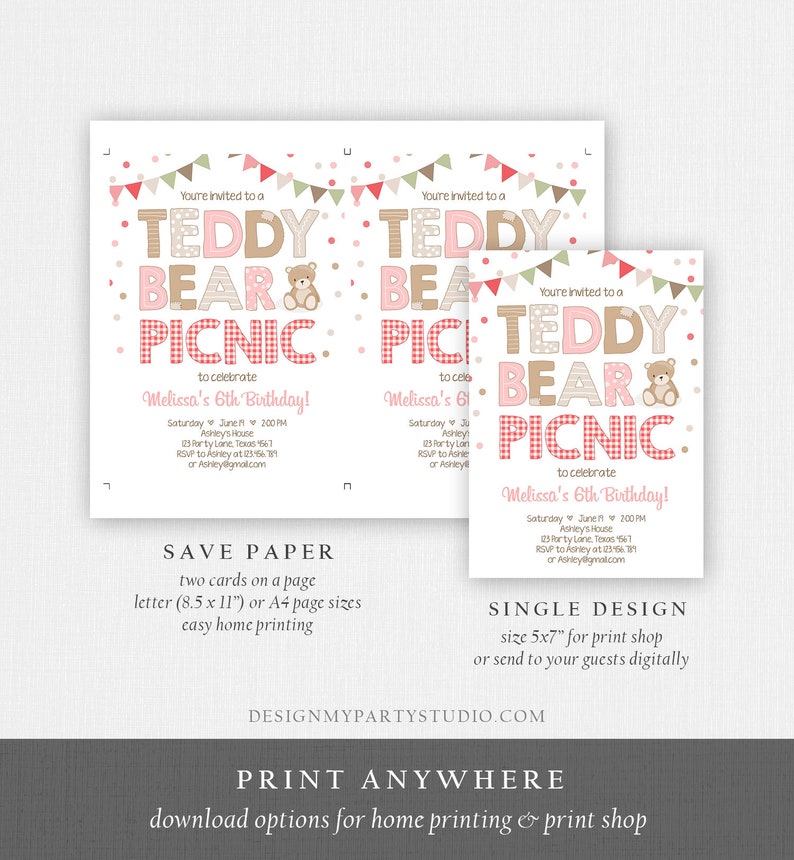 May include: Printable invitation for a Teddy Bear Picnic party. The invitation features a pink and brown teddy bear with a pink and white gingham background. The text on the invitation reads "You're invited to a Teddy Bear Picnic: to celebrate Melissa's 6th Birthday!"