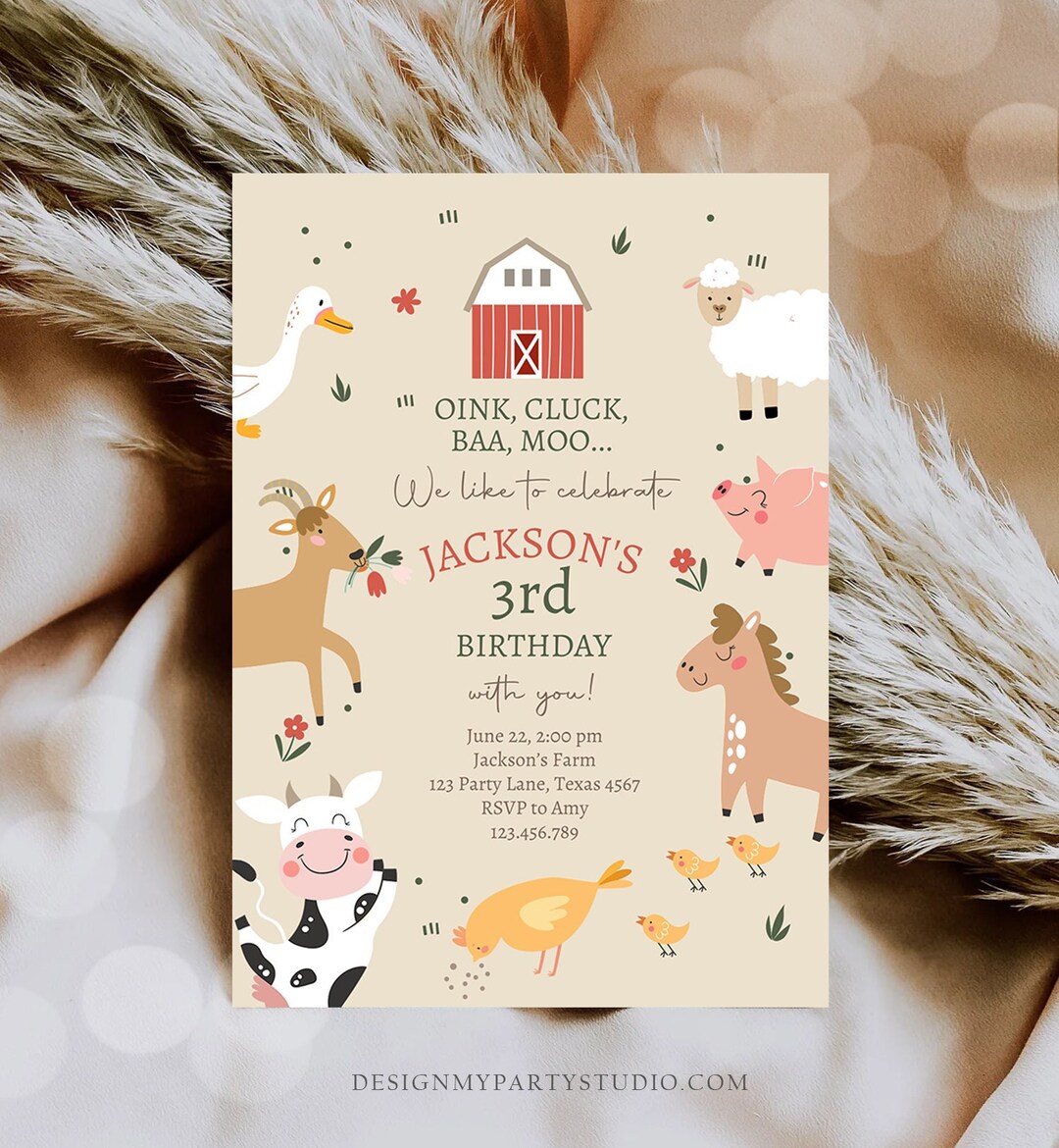 Editable Farm Animals Birthday Invitation Boy Farm Barnyard Birthday ...