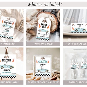 May include: A set of printable party decorations for a race car themed birthday party. The set includes an invitation, favor tags, tent food labels, a welcome sign, a custom editable sign, and bottle labels. The design features a blue race car with red flames and a checkered flag pattern.
