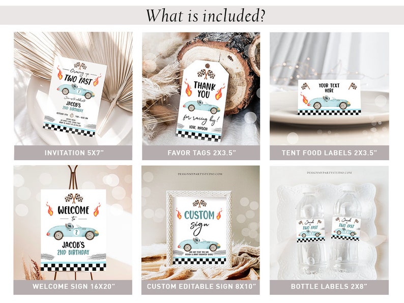 May include: A set of printable party decorations for a race car themed birthday party. The set includes an invitation, favor tags, tent food labels, a welcome sign, a custom editable sign, and bottle labels. The design features a blue race car with red flames and a checkered flag pattern.
