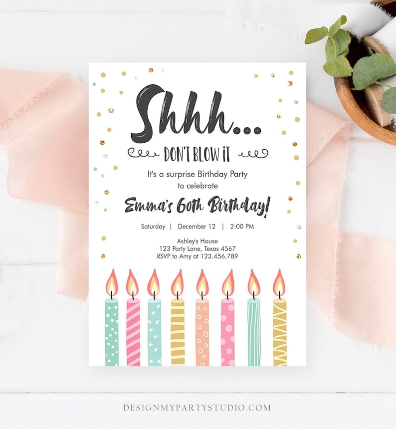 Editable Candles Surprise Birthday Invitation Shhh It's A Surprise Party 30th 40th 50th 60th Adult Download Corjl Template Printable 0277