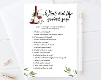 Editable What Did The Groom Say About His Bride Game Bridal Shower Game Wine Tasting Vineyard Grapes Wedding Corjl Template Printable 0234