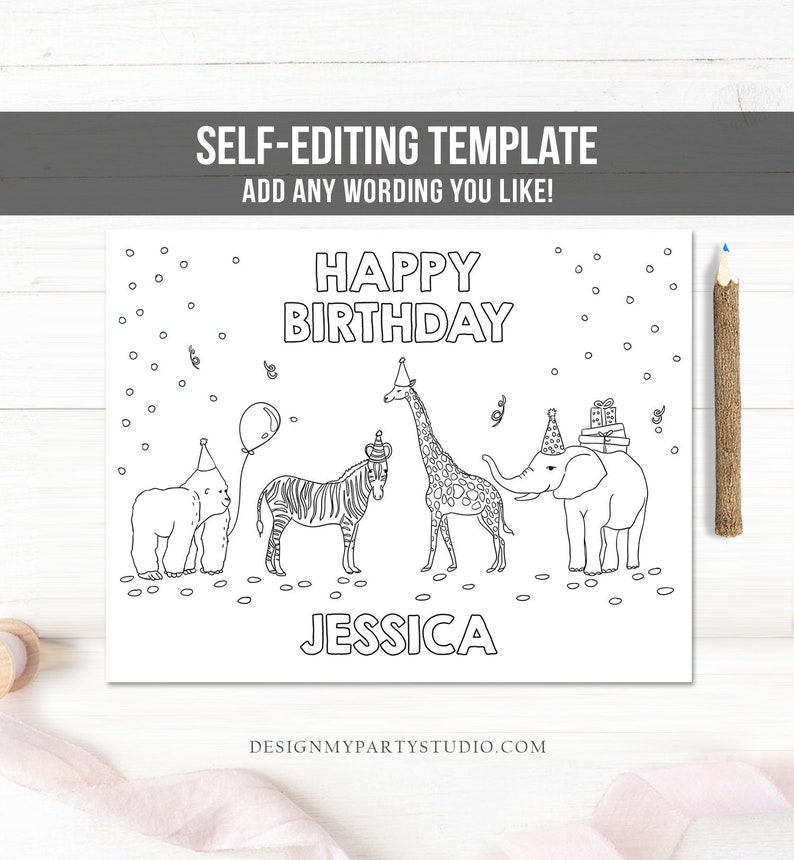 Editable Coloring Page Safari Animals Birthday Party Activity Game Wild One Birthday Zoo Jungle Party Animals Download PRINTABLE Corjl 0142 image 1