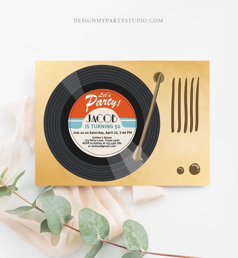 May include: A vintage-style birthday party invitation featuring a black vinyl record with the text "Let's Party! Jacob is turning 50". The invitation includes details about the party, including the date, time, and location.