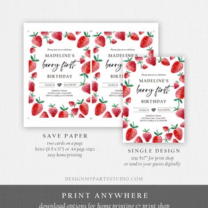 Peut inclure: Invitation imprimable pour un premier anniversaire sur le th&egrave;me de la fraise. L'invitation pr&eacute;sente une illustration aquarelle de fraises et le texte "Madeline's Berry First Birthday".