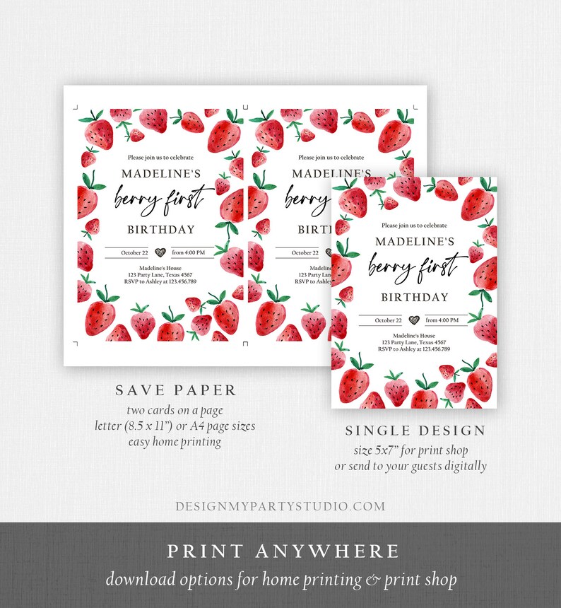 Peut inclure: Invitation imprimable pour un premier anniversaire sur le th&egrave;me de la fraise. L'invitation pr&eacute;sente une illustration aquarelle de fraises et le texte "Madeline's Berry First Birthday".