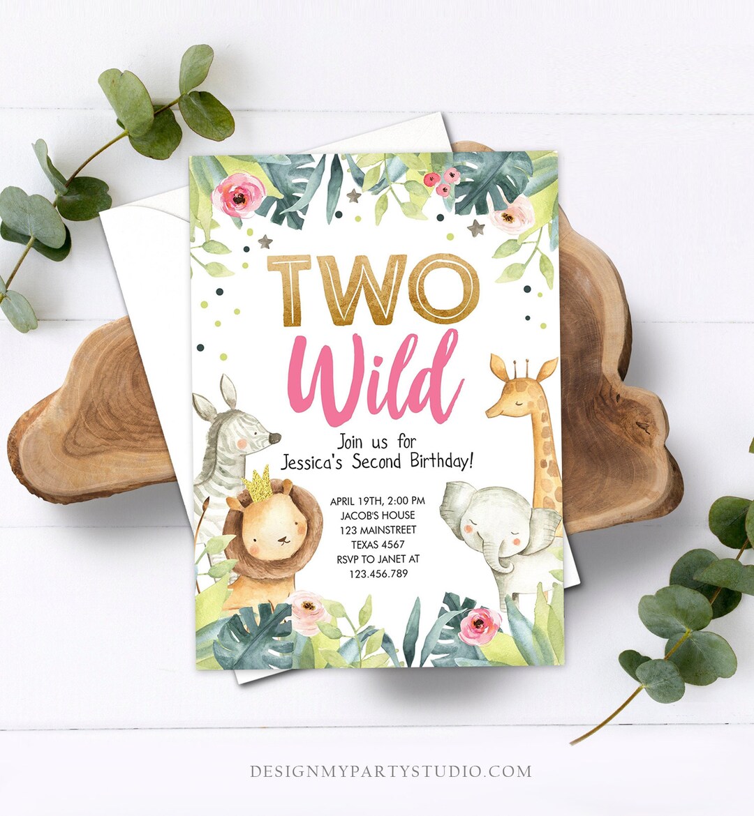 Editable Two Wild Birthday Invitation Girl Animals Invite Etsy