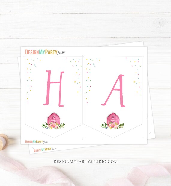 Banner Di Buon Compleanno Rosa Fattoria Per Bambina, Con Animali (Mucca, Maialino, Pony), Trattore E Fiori, Pre-Infilato, 8.3x6.3 Pollici Per Cartello - 3