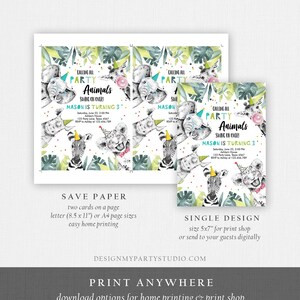 May include: Printable invitation for a child's birthday party with a jungle animal theme. The invitation features a colorful design with a zebra, lion, and elephant wearing party hats. The text on the invitation reads "Calling all Party Animals Swing on Over! Mason is turning 3".