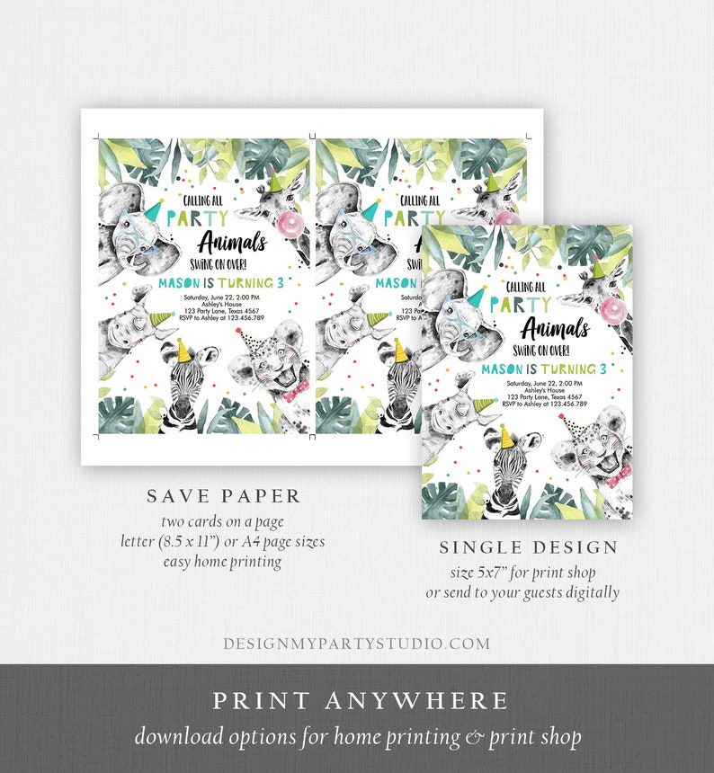 May include: Printable invitation for a child's birthday party with a jungle animal theme. The invitation features a colorful design with a zebra, lion, and elephant wearing party hats. The text on the invitation reads "Calling all Party Animals Swing on Over! Mason is turning 3".
