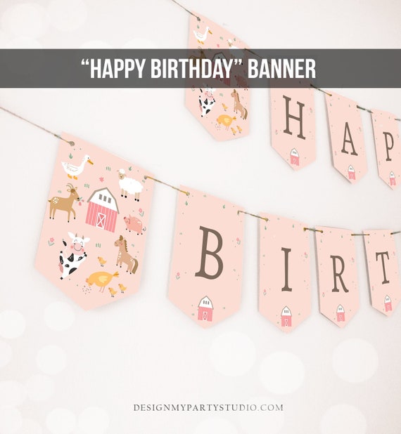 Happy Birthday Banner Pink Farm Birthday Banner Farm Animals Girl ...