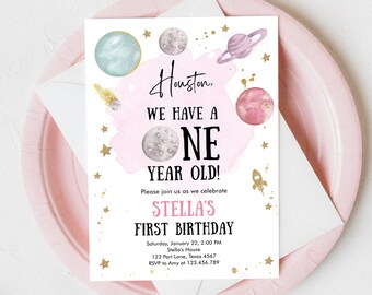 Editable Outer Space First Birthday Invitation Galaxy Houston First Trip Around the Sun One Download Printable Template Digital Corjl 0357
