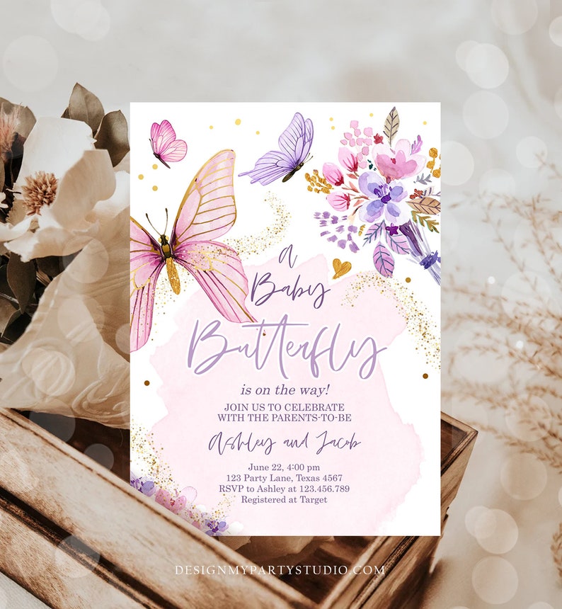 Redigerbar fjärilsbabyshowerinbjudan Lila fjäril på väg Blommig rosa guldflicka Digital nedladdning Evite-mall Utskrivbar 0437 bild 3