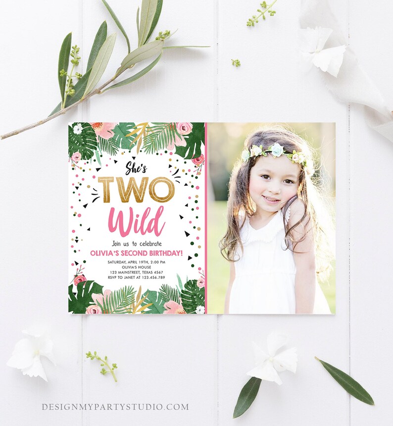Editable Two Wild Birthday Invitation Girl Tropical Safari Etsy