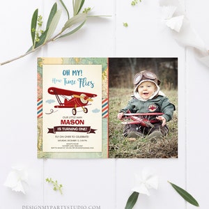 Editable Airplane Birthday Invitation Oh My Time Flies Red Airplane First Birthday Plane Sky Photo Download Printable Corjl Template 0011 image 2