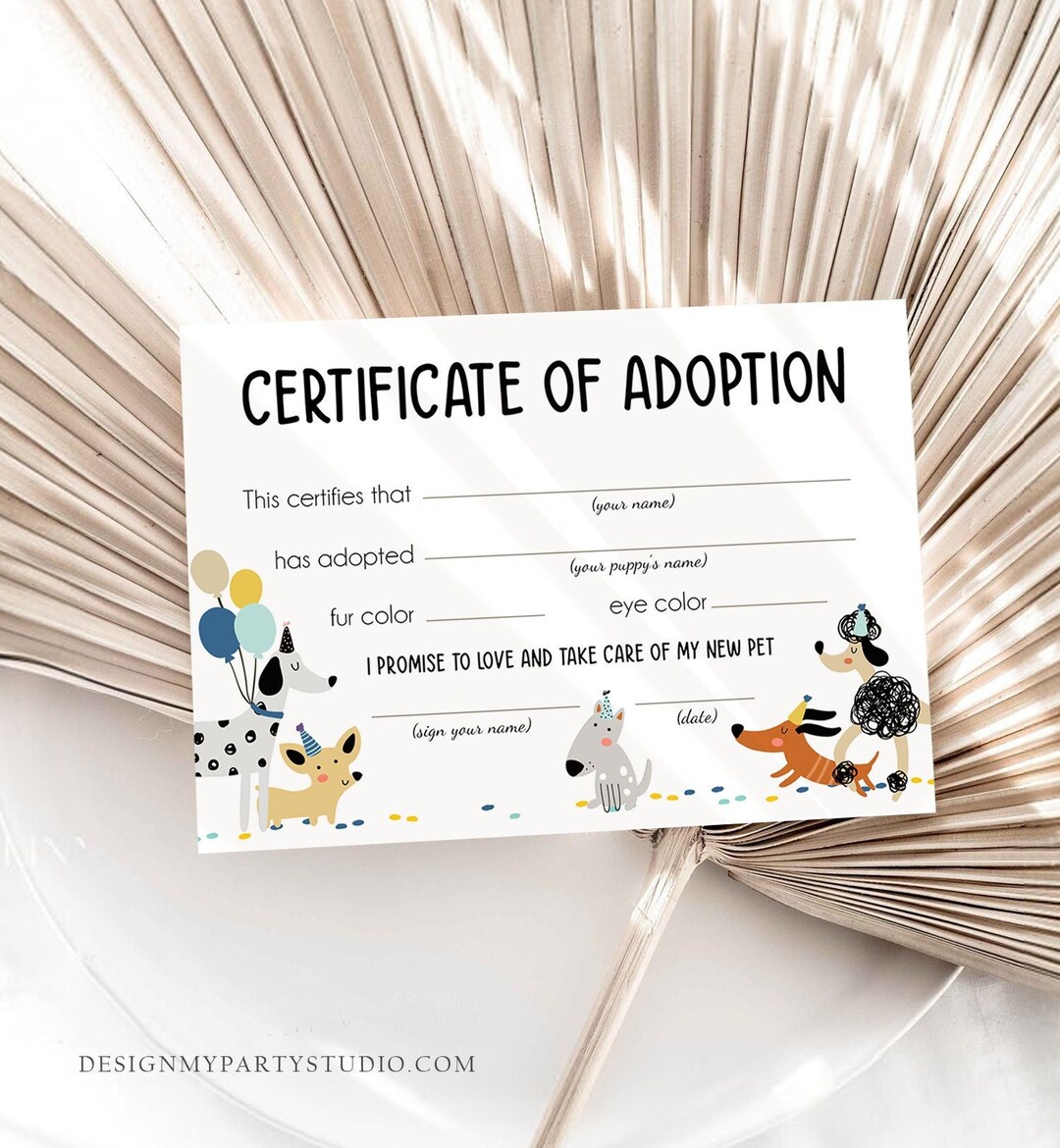 Pet Adoption Certificate Puppy Adoption Dog Birthday Party Boy Blue ...