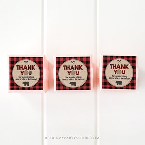 Editable Lumberjack Favor Tags Thank you Lumberjack Birthday Round tag Sticker Label Baby shower Woodland Bear template PRINTABLE Corjl 0026 image 2