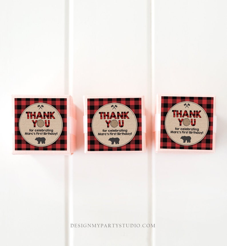 Editable Lumberjack Favor Tags Thank you Lumberjack Birthday Round tag Sticker Label Baby shower Woodland Bear template PRINTABLE Corjl 0026 image 2