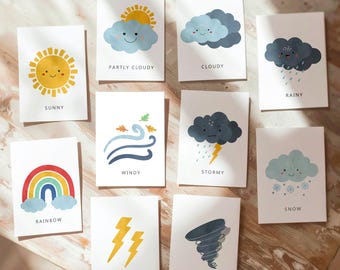 16 Weather Flash Cards Educational Flashcards Forecast Graph Rainbow Colors Montessori Classroom Decor Digital Download Printable 0550