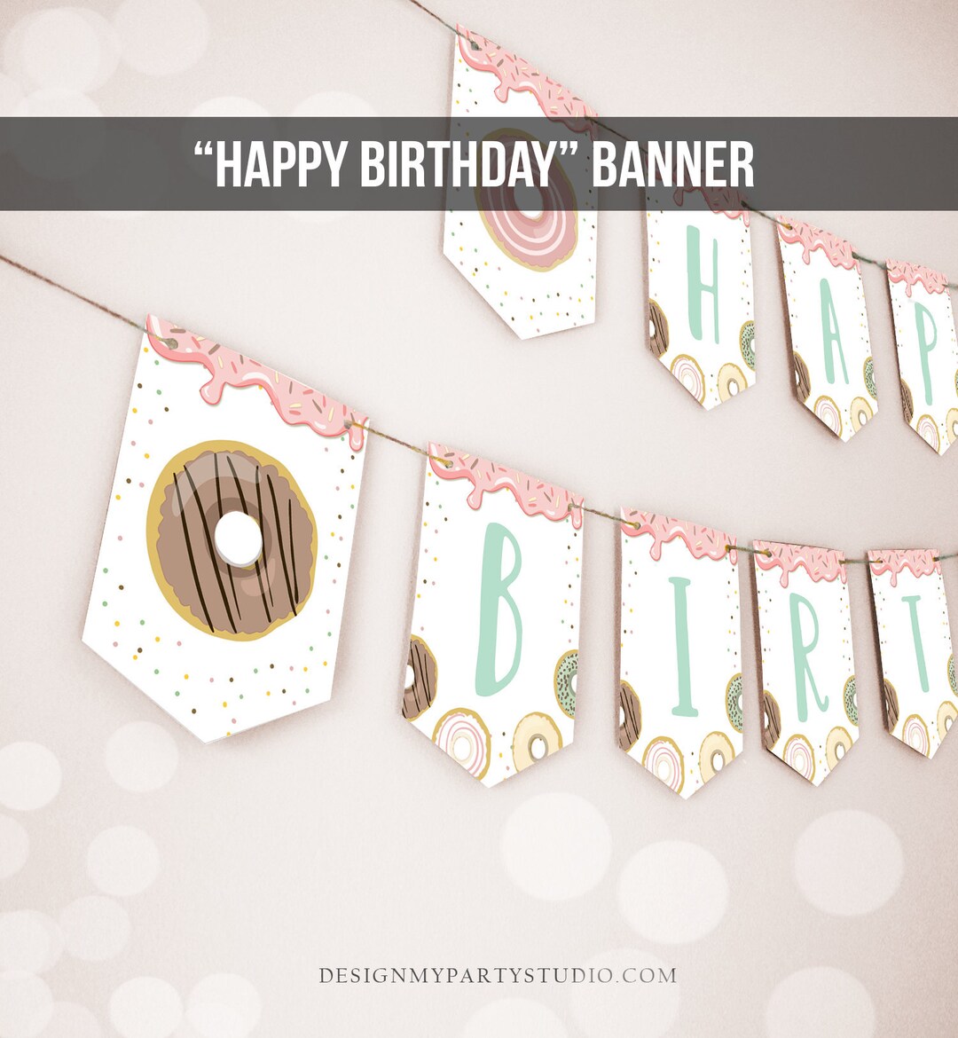 Happy Birthday Banner Donut Birthday Banner Girl Pink Pastel Donut ...