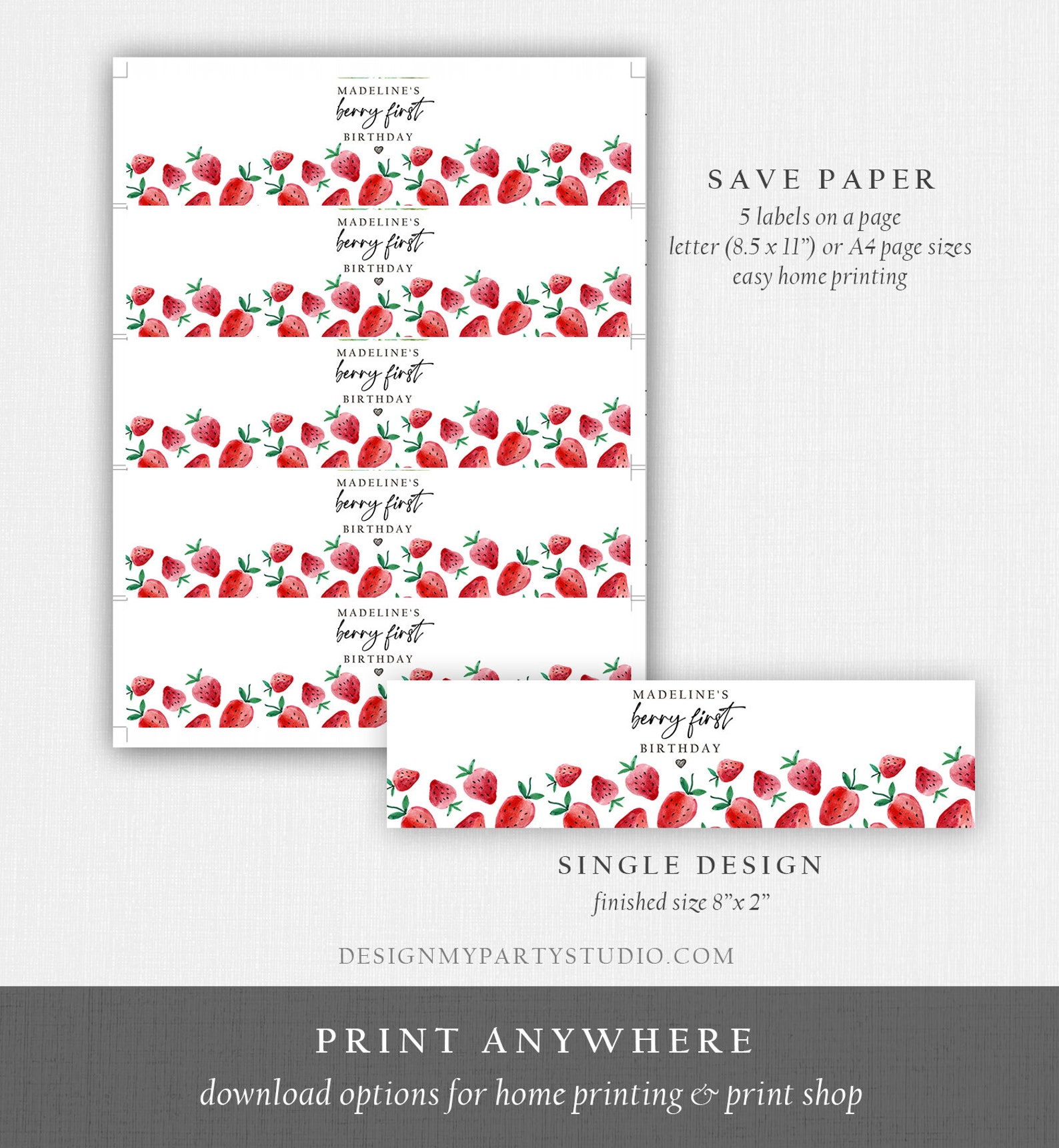 Editable Strawberry Water Bottle Labels Strawberry Birthday - Etsy