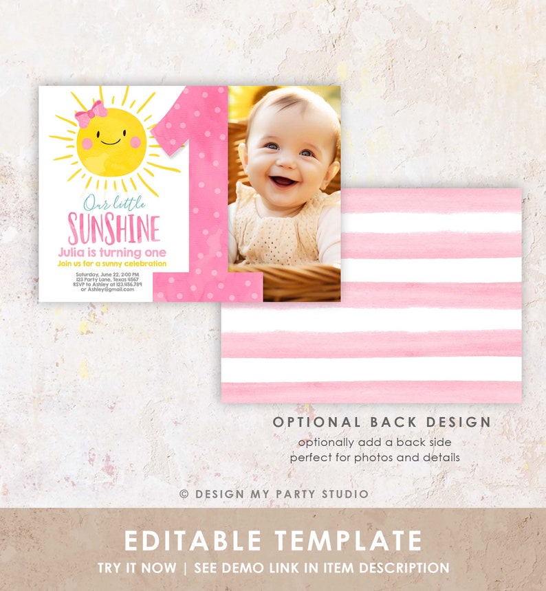 Editable Our Little Sunshine Birthday Invitation Sunshine Party Pink Girl Summer First Birthday Download Printable Corjl Template 0141 image 7