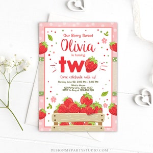 Editable Strawberry Birthday Invitation Second Birthday Berry Two Sweet Girl Summer Farm Download Printable Template Digital Corjl 0091