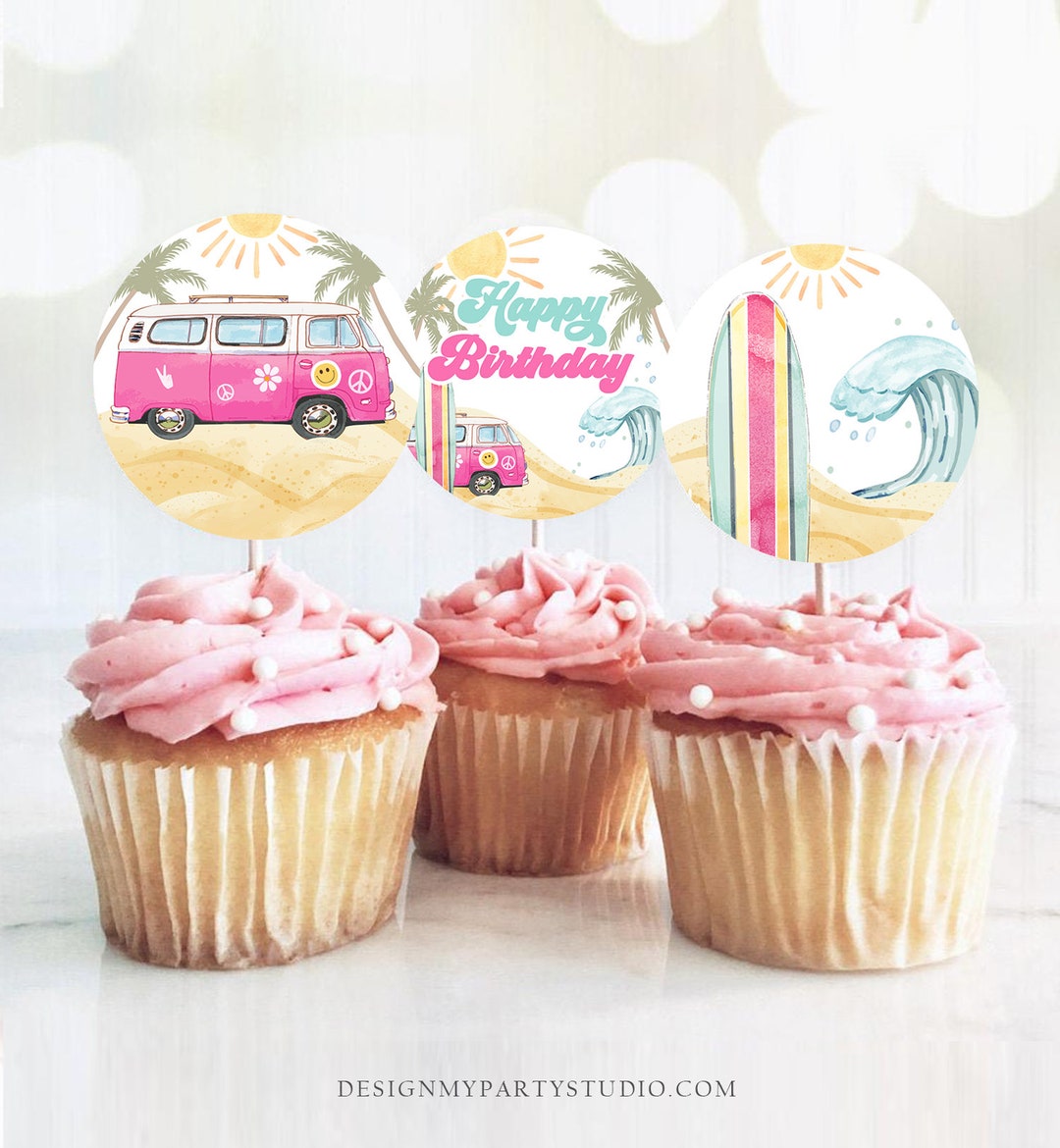 Surf Cupcake Toppers Favor Tags Girl the Big One Surf 1st Birthday
