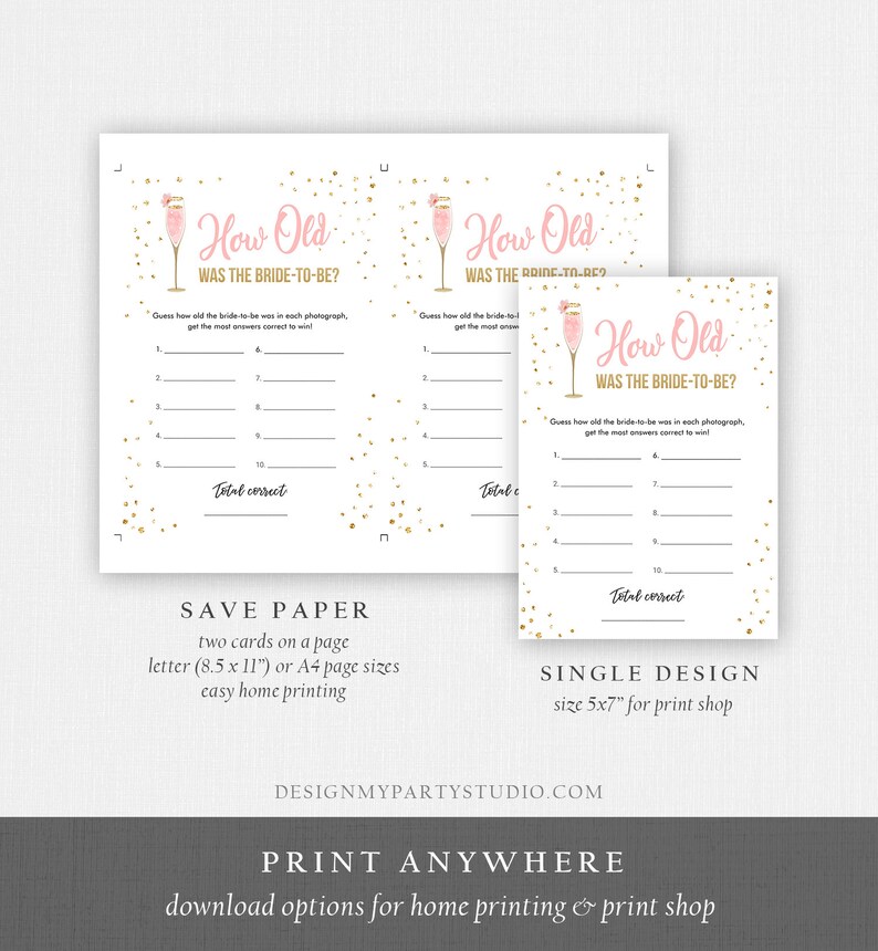 May include: Printable bridal shower game cards with gold confetti and a pink champagne glass graphic. The game is called "How Old Was The Bride-To-Be?" and asks guests to guess the bride's age in each photo. The cards are designed for easy home printing or can be printed at a print shop.
