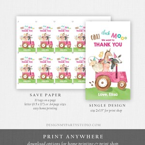 Editable Farm Favor Tags Tags Pink Farm Birthday Thank you tags Barnyard Gift Tags Pink Tractor Birthday Template PRINTABLE Corjl 0155 image 4