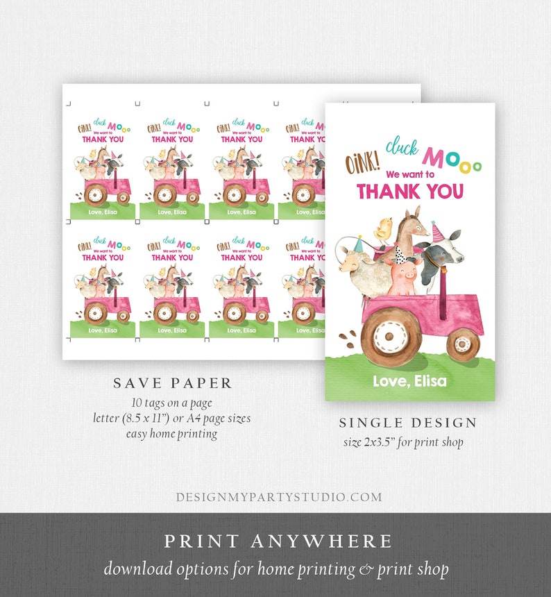 Editable Farm Favor Tags Tags Pink Farm Birthday Thank you tags Barnyard Gift Tags Pink Tractor Birthday Template PRINTABLE Corjl 0155 image 4